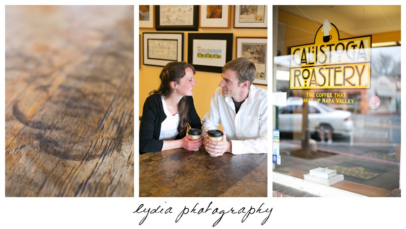 Coffee shop engagement portraits in Calistoga, California in Napa Valley
