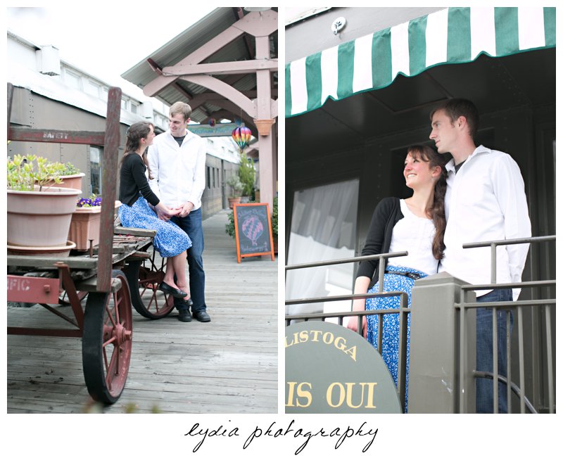 Bride and groom sitting in a vintage wagon engagement portraits in Calistoga, California in Napa Valley