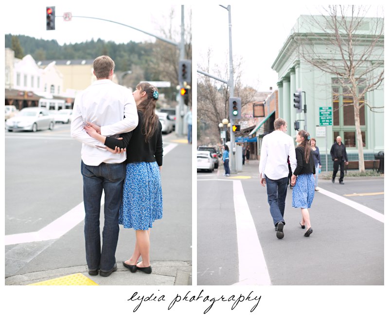 Bride and groom walking engagement portraits in Calistoga, California in Napa Valley