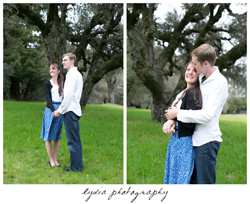 Bride and groom looking to the side with hands around each other engagement portraits at Ragle Ranch Park in Sebastopol, California in Napa Valley