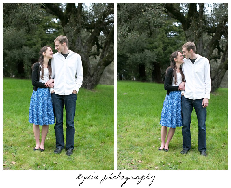Bride and groom looking each other at engagement portraits at Ragle Ranch Park in Sebastopol, California in Napa Valley