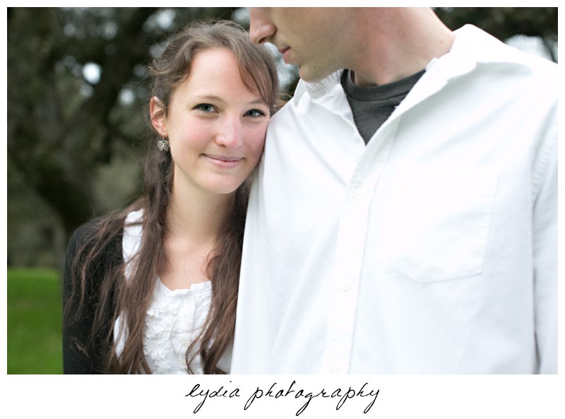 Bride and groom face up close engagement portraits at Ragle Ranch Park in Sebastopol, California in Napa Valley