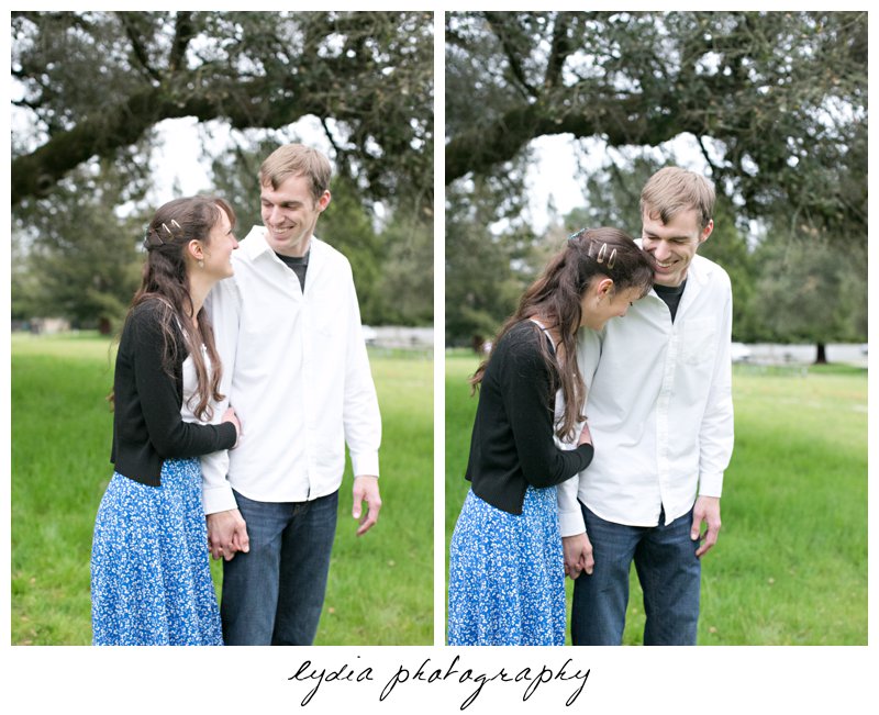Bride and groom walking and laughing engagement portraits at Ragle Ranch Park in Sebastopol, California in Napa Valley