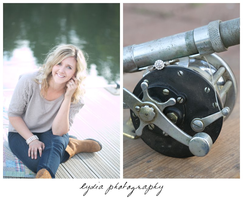 Bride sitting on dock at lifestyle engagement portraits at a lake in Grass Valley, California