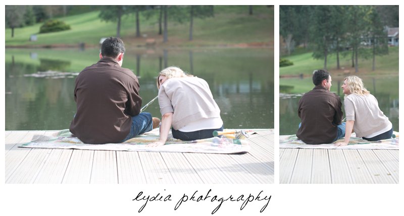 Bride and groom fishing at lifestyle engagement portraits at a lake in Grass Valley, California