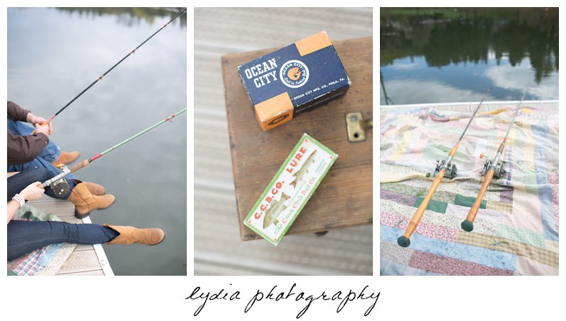 Fishing at lifestyle engagement portraits at a lake in Grass Valley, California