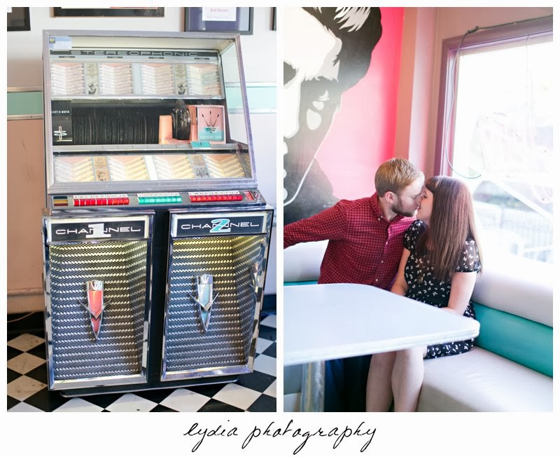 Bride and groom at ricks diner for engagement portraits in downtown Sacramento, California