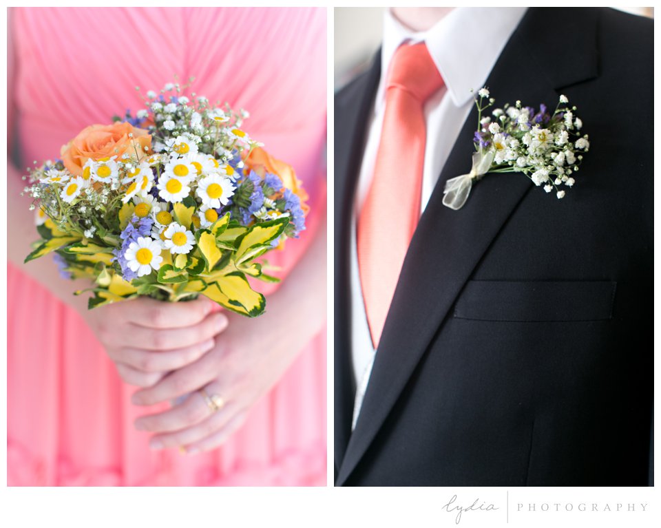Bridesmaid with bouquet and groom with boutonniere at ethereal wedding in Santa Rosa, California