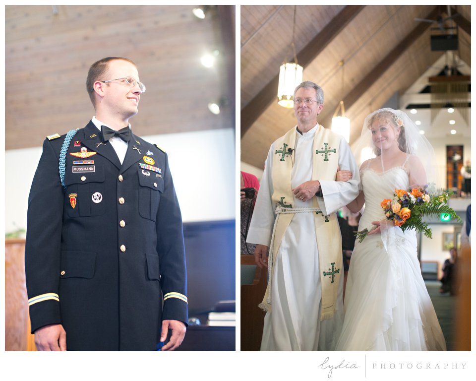 Groom waiting for bride and bride coming down the aile with father at ethereal wedding in Santa Rosa, California