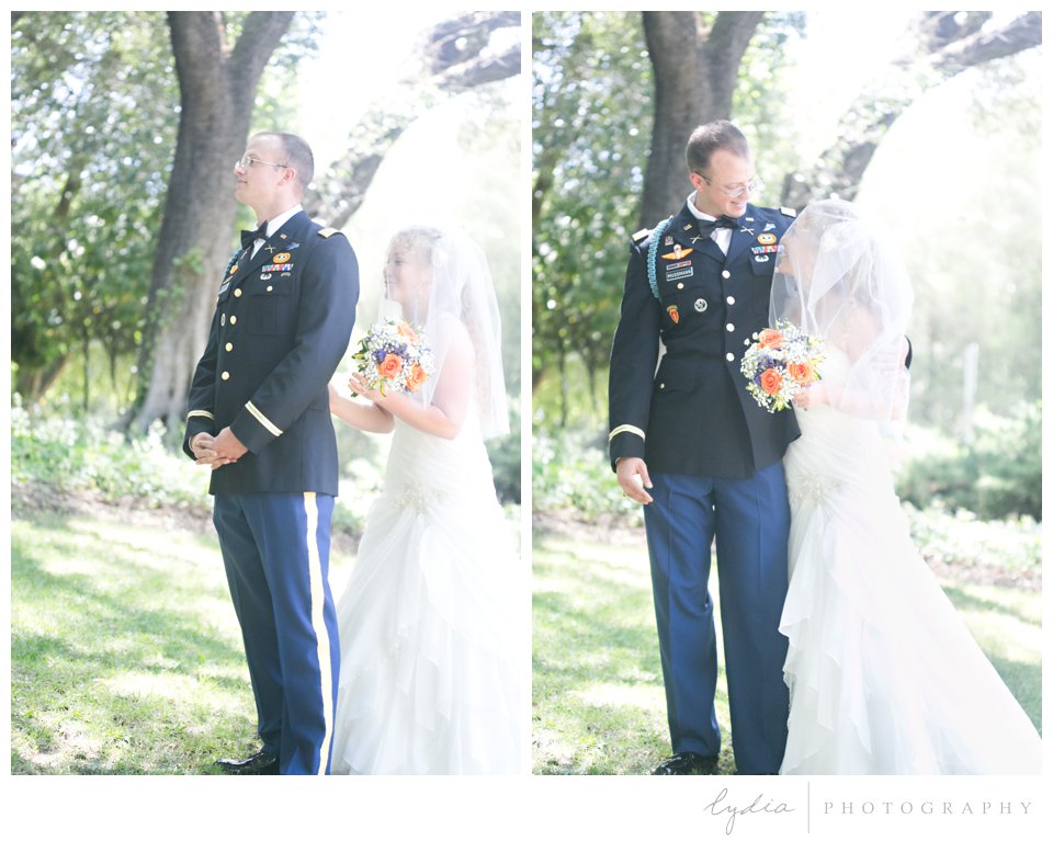 Groom in army dress blues with bride at ethereal wedding in Santa Rosa, California