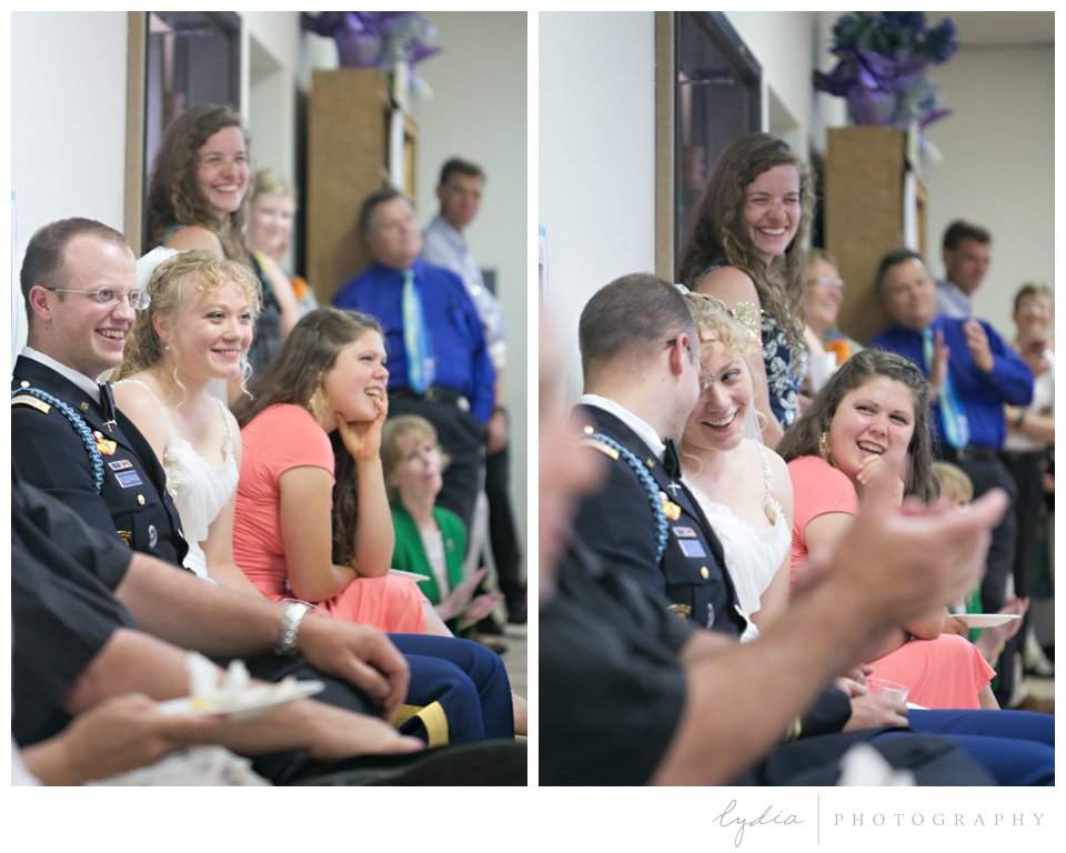 Bride and groom sitting and laughing at ethereal wedding in Santa Rosa, California
