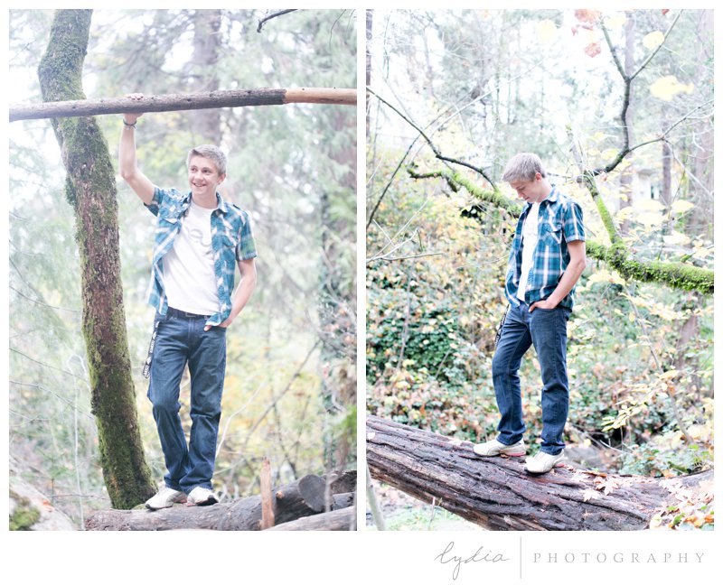 Senior guy in the forest for high school Ghidotti senior portraits at Little Deer Creek Trail in Nevada City, California