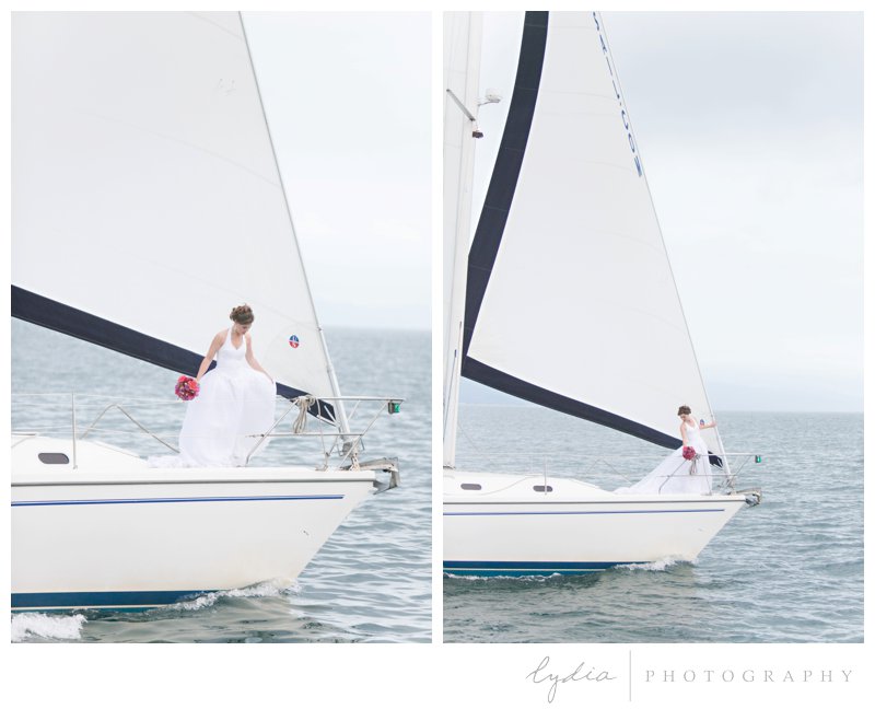 Bride on the boat out on the ocean for a nautical wedding styled inspiration portraits in Santa Barbara, California.