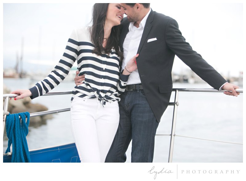 Bride and groom on the boat for a nautical engagement styled inspiration portraits in Santa Barbara, California.