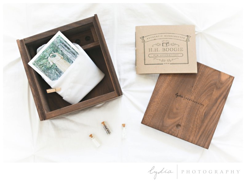 Letterpress and Amish handcrafted keepsake for wedding heirloom box for brides and grooms' pictures in California.
