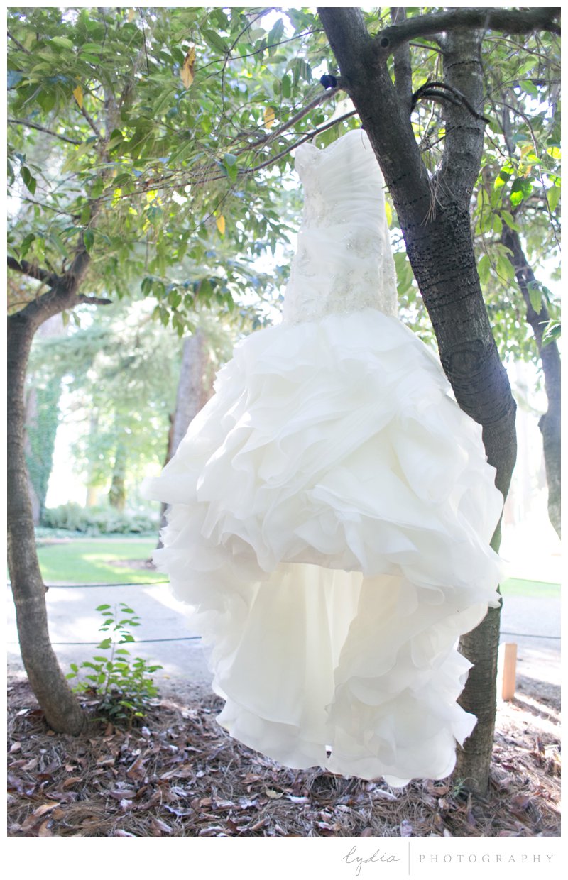 Bride's wedding dress for a modern wedding at Empire Mine in Grass Valley, California.