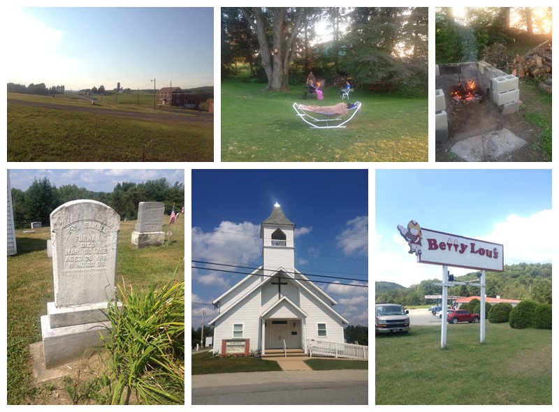 Farms, countryside, bonfire, church started by great-great-great grandfather, and Betty Lou's restaurant on family vacation to Pennsylvania.