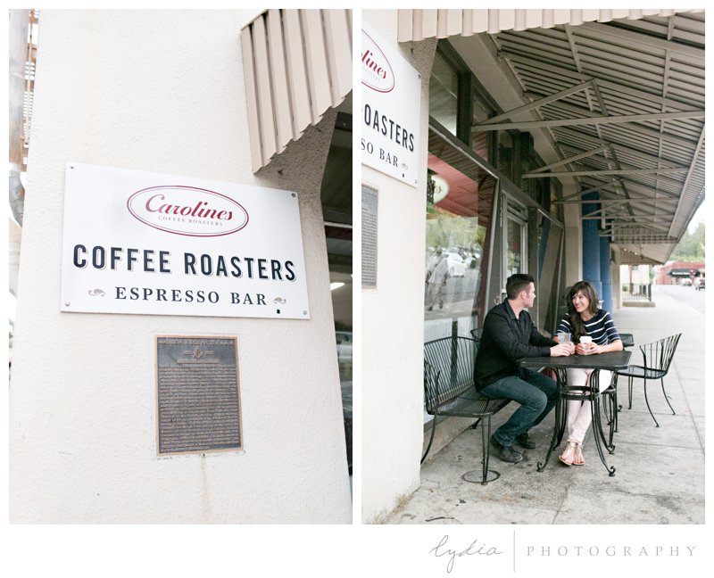 Bride and groom outside at Caroline's Coffee Roasters at engagement portrait session in downtown Grass Valley, California.
