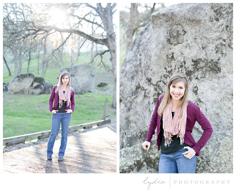 Girl standing on a bridge and in front of granite rocks for BJU senior portraits at Whitney Oaks in Rocklin, California.