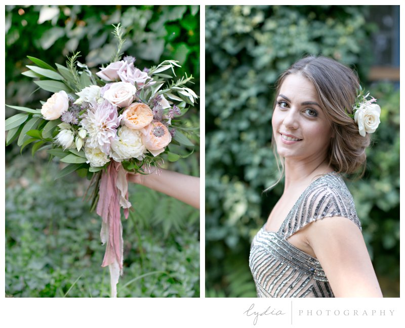 Dutch inspired bouquet and Bride in Adrianna Papell dress at Old World Italy wedding at Miners Foundry in Nevada City, California.