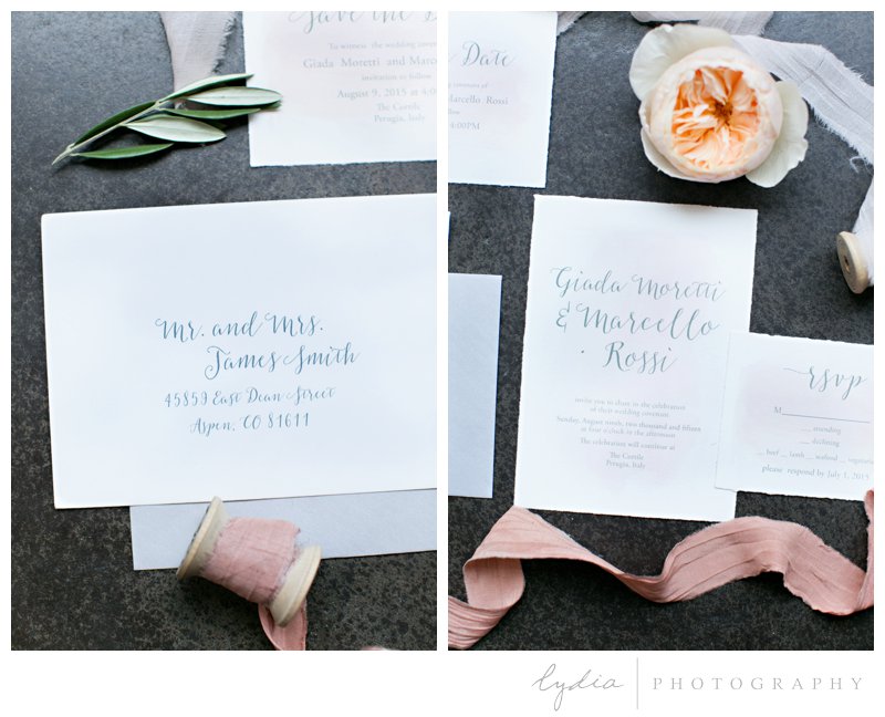 Blush watercolor invitation suite and paperie at Old World Italy wedding.