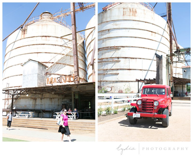 The Silos and vintage, red truck at Magnolia Market the Silos in Waco, Texas.