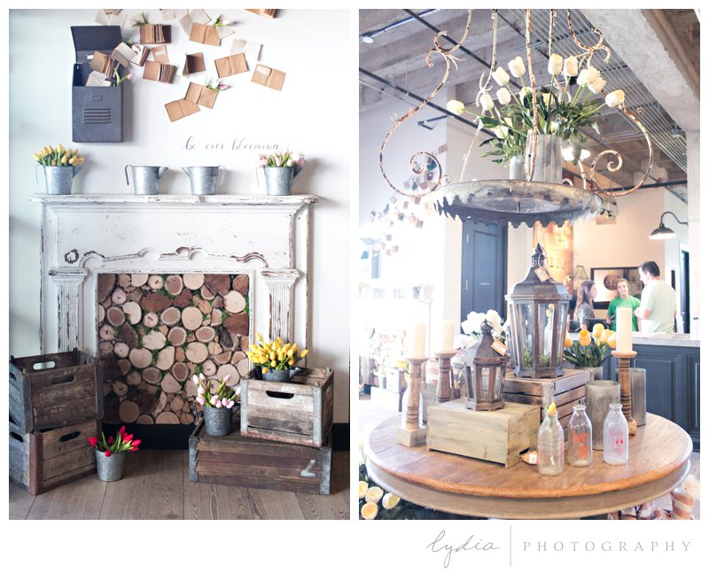Fireplace and interior design inspiration displays at Magnolia Market the Silos in Waco, Texas.