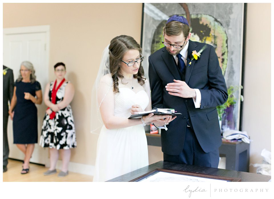 Ketubah vows at Harmony Ridge Lodge Jewish wedding in the Tahoe National Forest in California.