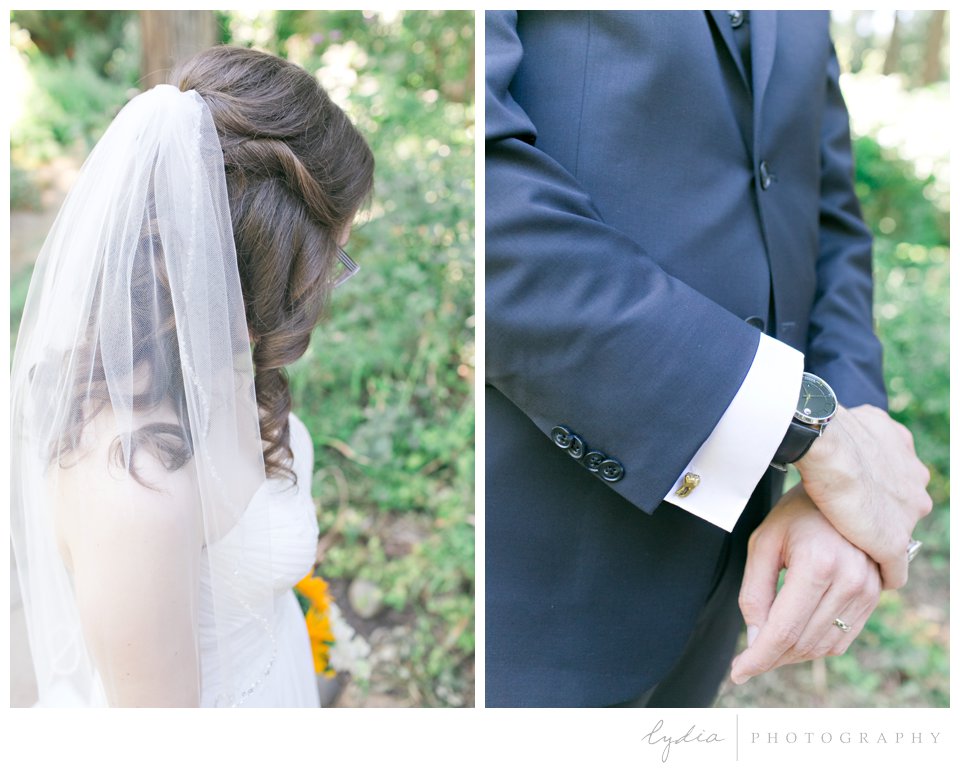 Bridal hair and groom details at Harmony Ridge Lodge Jewish wedding in the Tahoe National Forest in California.
