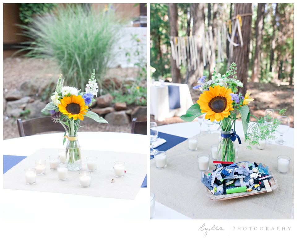 Sunflower floral arrangement and legos at Harmony Ridge Lodge Jewish wedding in the Tahoe National Forest in California.