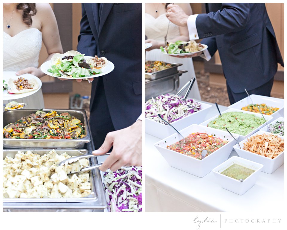 Vegan and gluten free taco bar at Harmony Ridge Lodge Jewish wedding in the Tahoe National Forest in California.