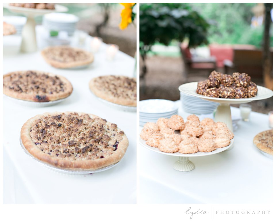 Pies and cookies on dessert table at Harmony Ridge Lodge Jewish wedding in the Tahoe National Forest in California.