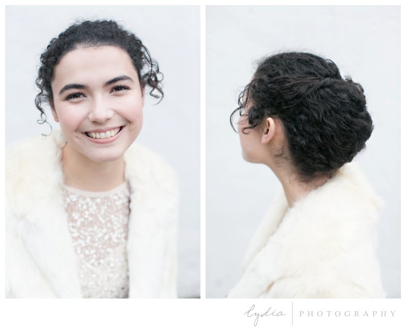 Glowing winter bridal makeup and curly hair updo for California and destination weddings.