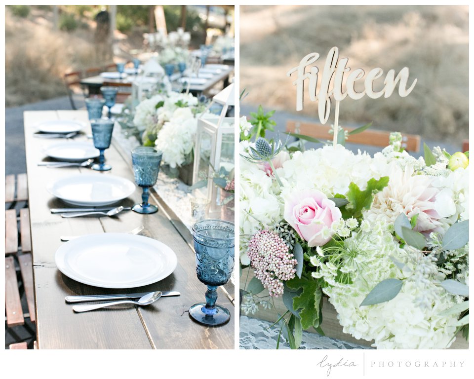 Vintage glasses and table decor at The Highlands Estate Wedding in Sonoma, California.