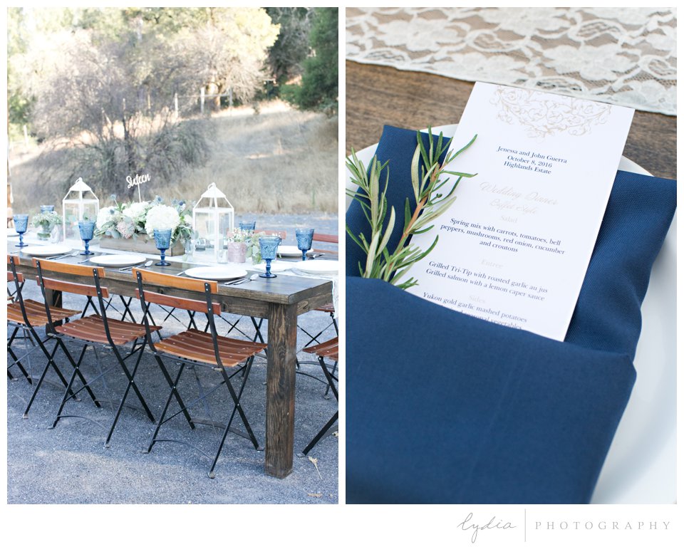 Menu and reception table at The Highlands Estate Wedding in Sonoma, California.