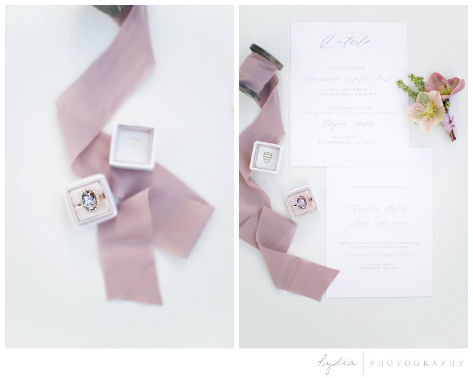 Ring and wedding invitation suite at California capitol in film wedding photography.
