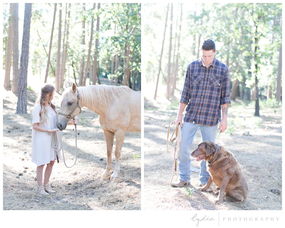 Wife and husband with horse at Smith Vineyard wedding anniversary portrait shoot in Grass Valley, California.