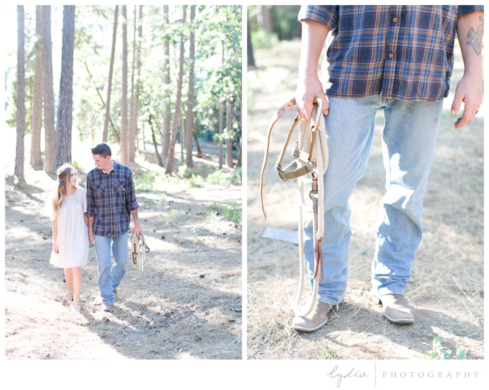 Wife and husband walking at Smith Vineyard wedding anniversary portrait shoot in Grass Valley, California.