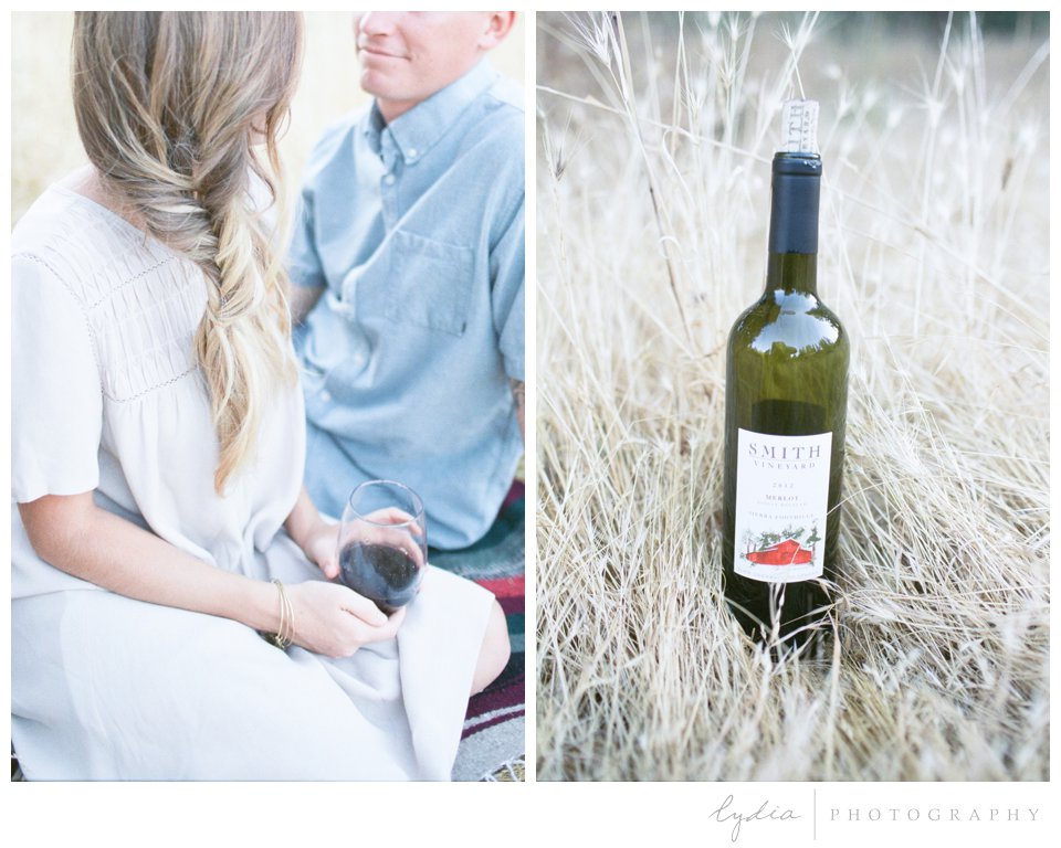 Picnic in field at Smith Vineyard wedding anniversary portrait shoot in Grass Valley, California.