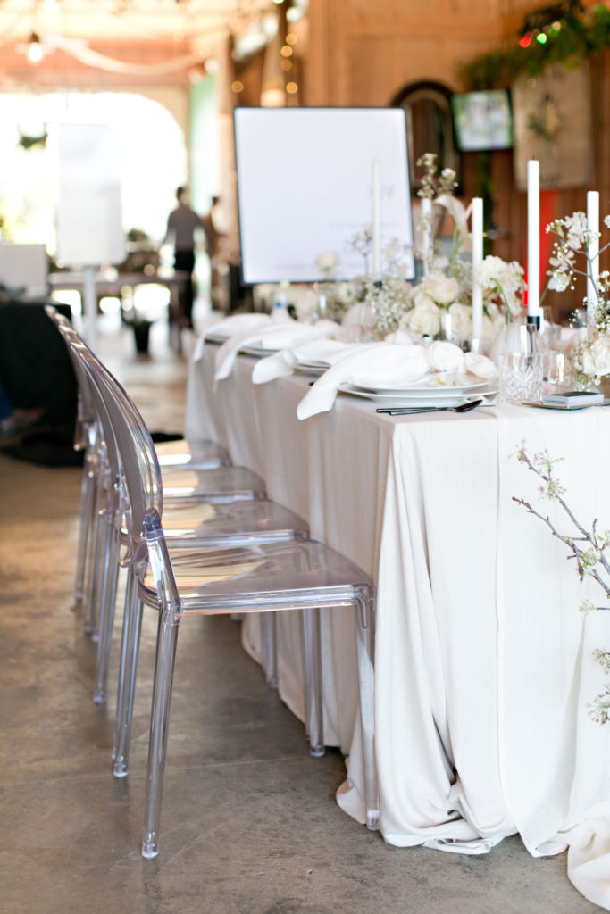 Modern white and black wedding table setting