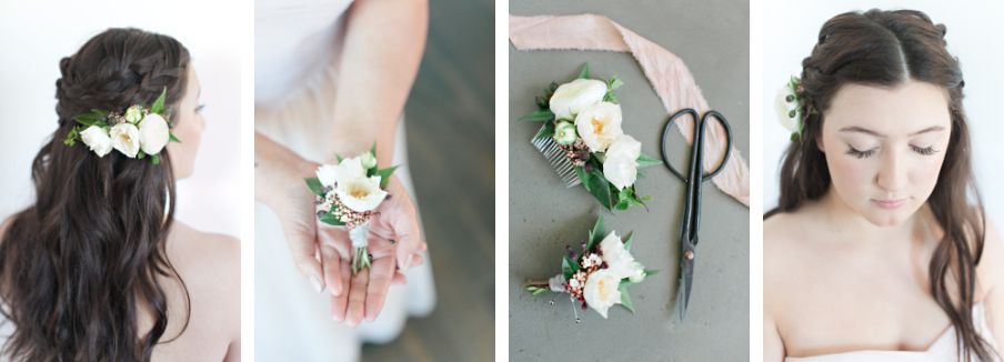 Grass Valley California makeup artist and wedding photographer styling a boutonniere, bride, and floral hair comb