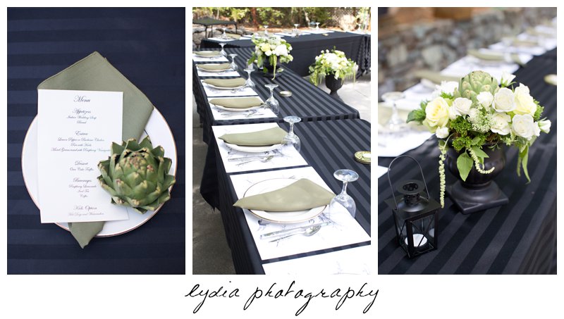 Table decorations at vintage wedding at the Roth Estate in Nevada City, California
