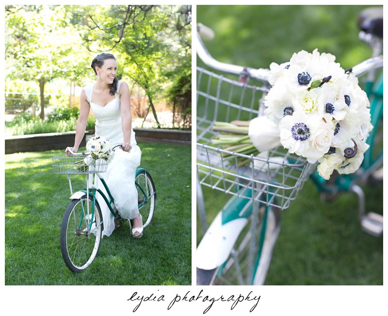 Brode on her bicycle with bouquet at vintage wedding at the Roth Estate in Nevada City, California