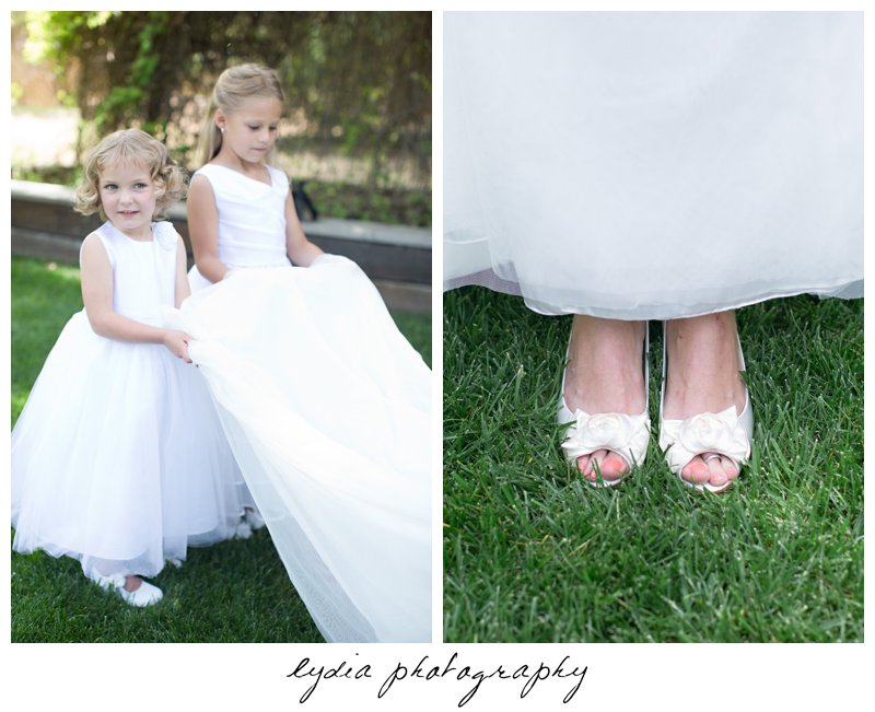 Bride's shoes and flower girls at vintage wedding at the Roth Estate in Nevada City, California