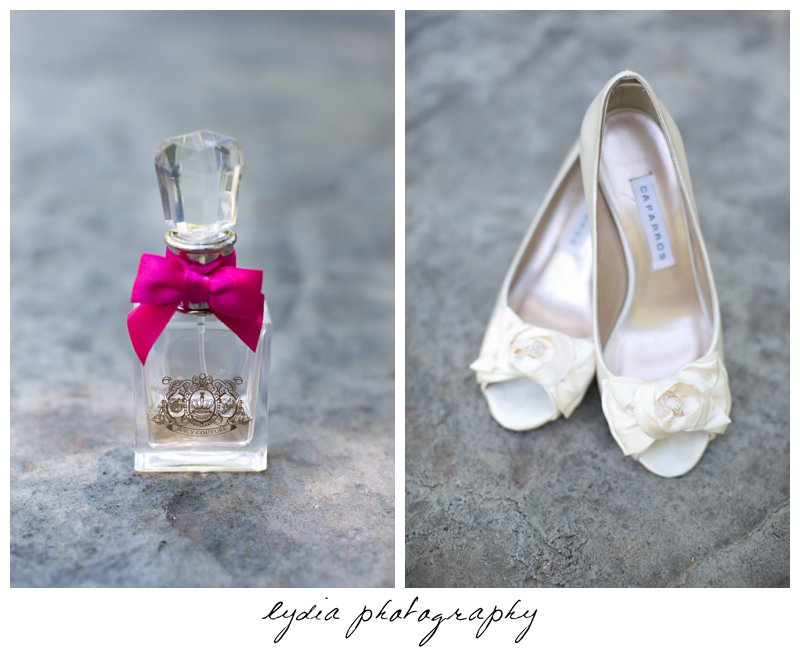 Juicy Couturv perfume with bride's shoes at vintage wedding at the Roth Estate in Nevada City, California