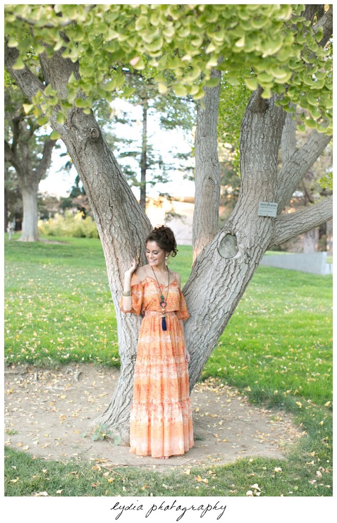 Girl against the tree portraits at the UC Davis Arboretum in California.