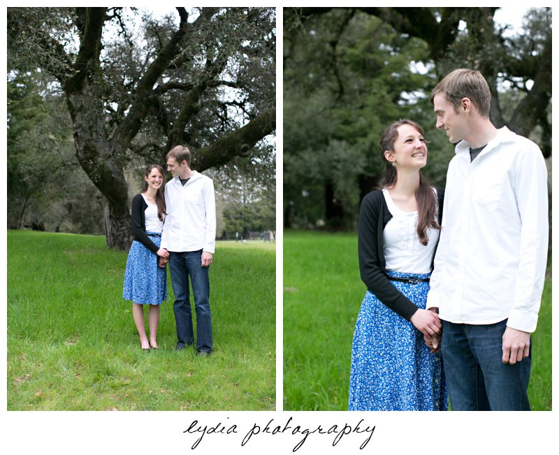 Bride and groom infront of a tree engagement portraits at Ragle Ranch Park in Sebastopol, California in Napa Valley