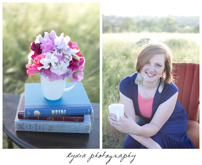 Sweet peas in a vase with cup in a field for lifestyle senior portraits in Smartsville, California