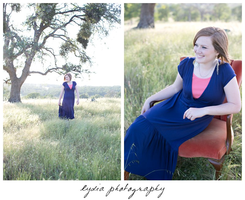 Sitting in a chair and looking at the view in a field for lifestyle senior portraits in Smartsville, California