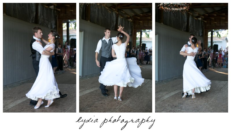 Bride and groom dancing at vintage travel barn wedding in Sebastopol, California